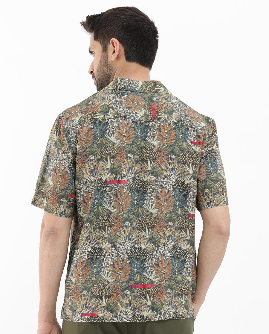 Rare Rabbit Men's Grake Light Olive Viscose Tropical Print Boxy Fit Half Sleeve Cuban Collar Shirt