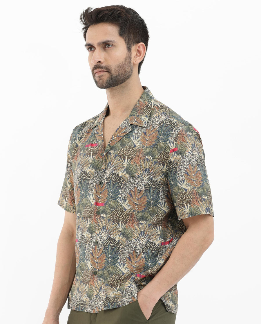 Rare Rabbit Men's Grake Light Olive Viscose Tropical Print Boxy Fit Half Sleeve Cuban Collar Shirt