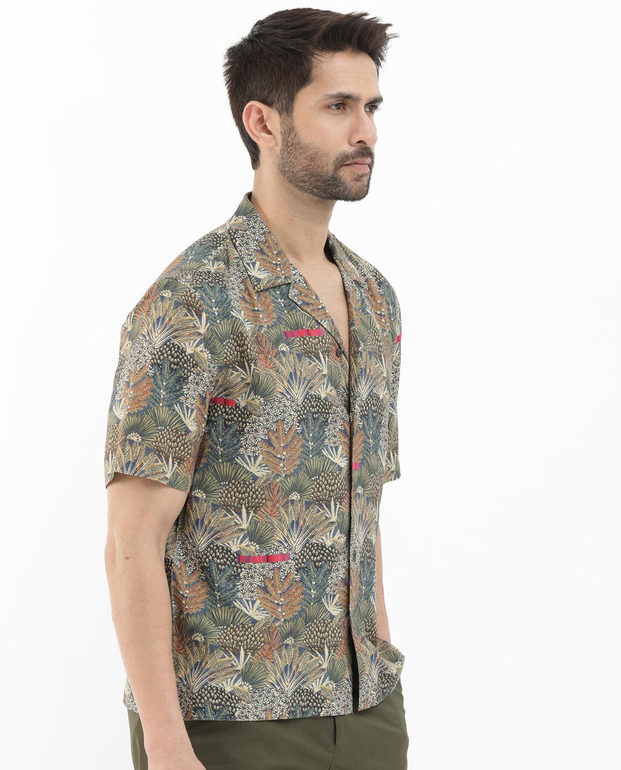 Rare Rabbit Men's Grake Light Olive Viscose Tropical Print Boxy Fit Half Sleeve Cuban Collar Shirt