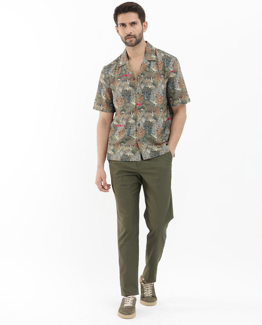Rare Rabbit Men's Grake Light Olive Viscose Tropical Print Boxy Fit Half Sleeve Cuban Collar Shirt