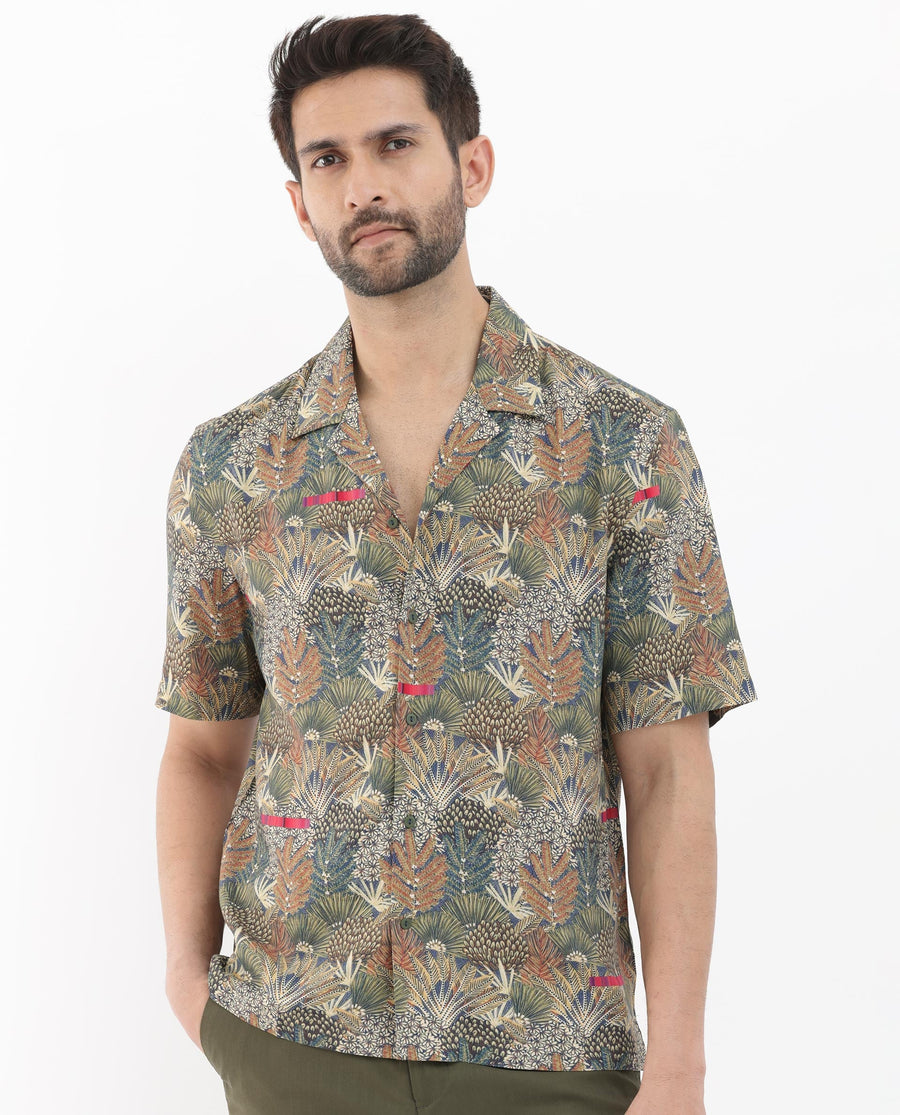 Rare Rabbit Men's Grake Light Olive Viscose Tropical Print Boxy Fit Half Sleeve Cuban Collar Shirt