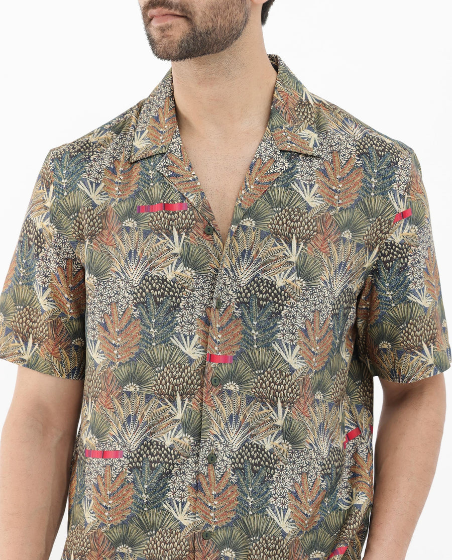 Rare Rabbit Men's Grake Light Olive Viscose Tropical Print Boxy Fit Half Sleeve Cuban Collar Shirt
