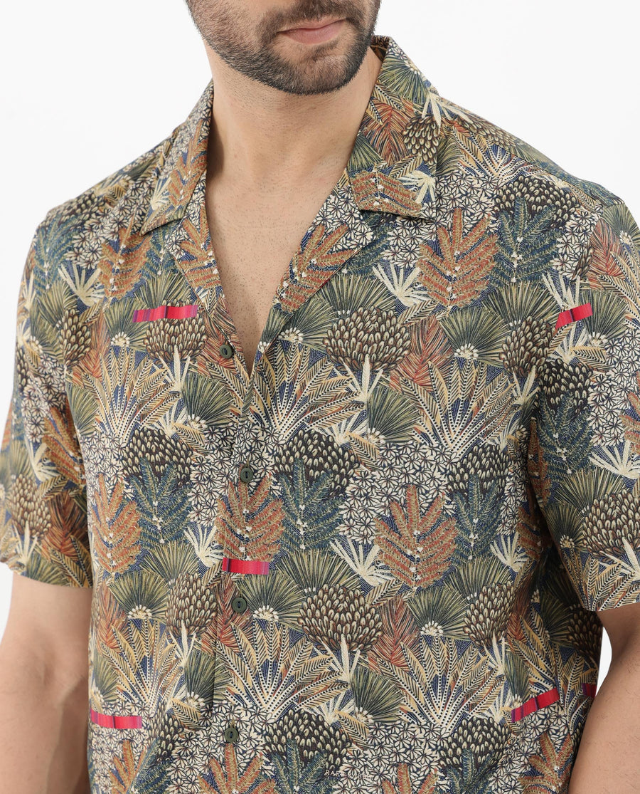 Rare Rabbit Men's Grake Light Olive Viscose Tropical Print Boxy Fit Half Sleeve Cuban Collar Shirt