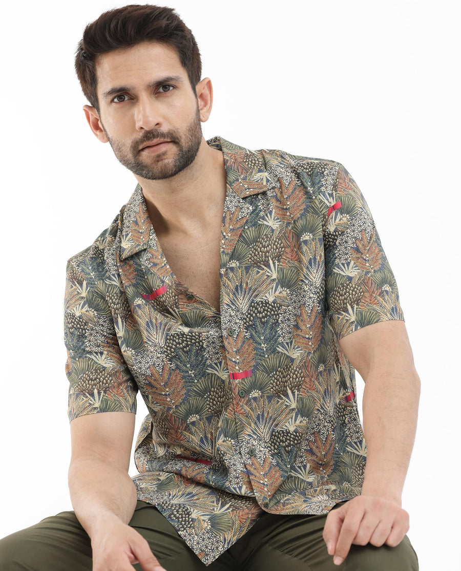 Rare Rabbit Men's Grake Light Olive Viscose Tropical Print Boxy Fit Half Sleeve Cuban Collar Shirt