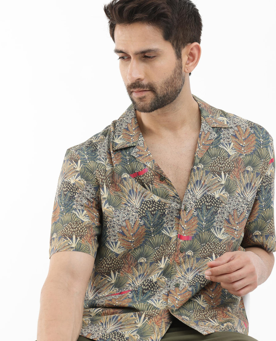 Rare Rabbit Men's Grake Light Olive Viscose Tropical Print Boxy Fit Half Sleeve Cuban Collar Shirt