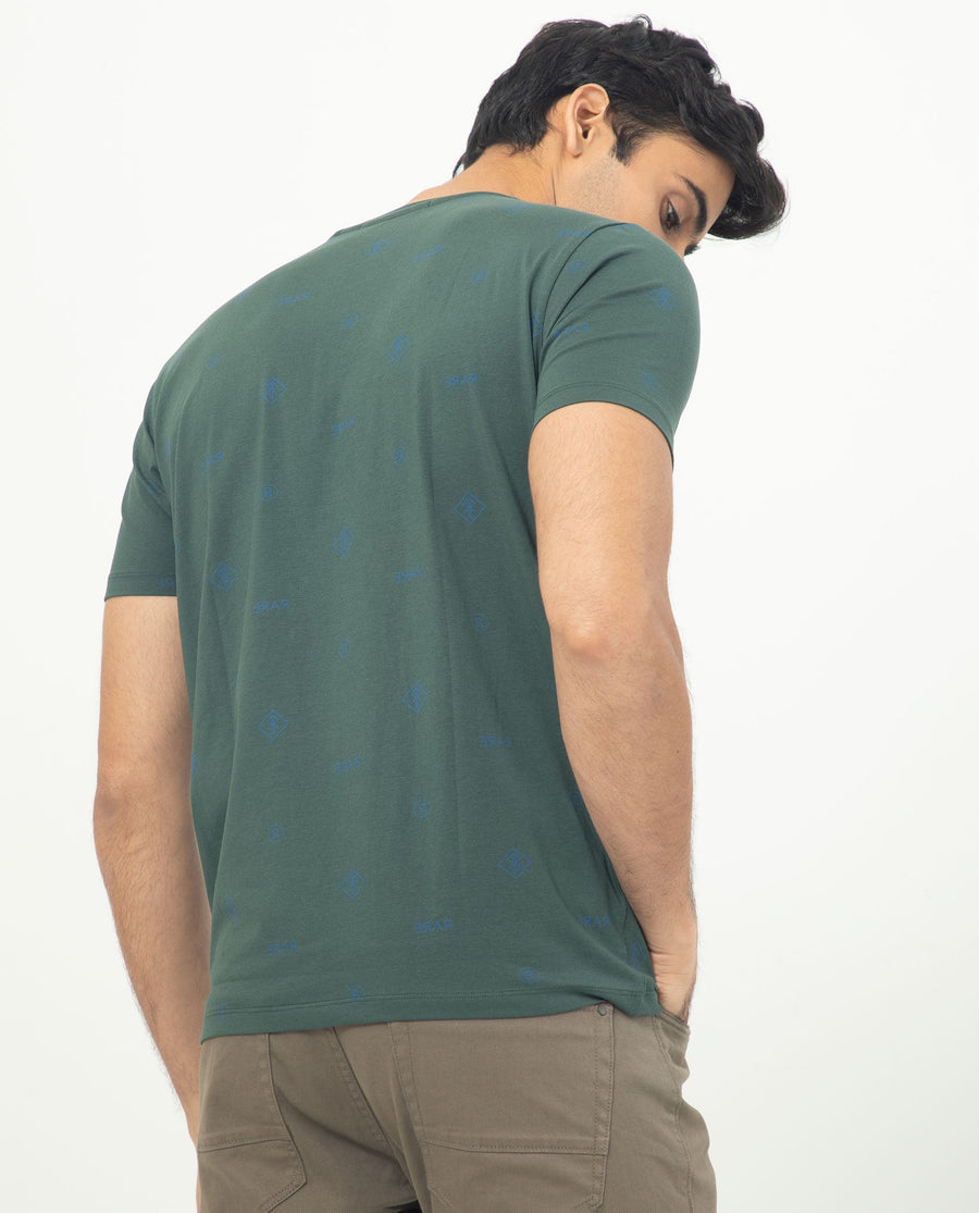 Rare Rabbit Men's Grammy Dark Green Cotton Monogram Print Slim Fit Half Sleeve Crew Neck T-Shirt