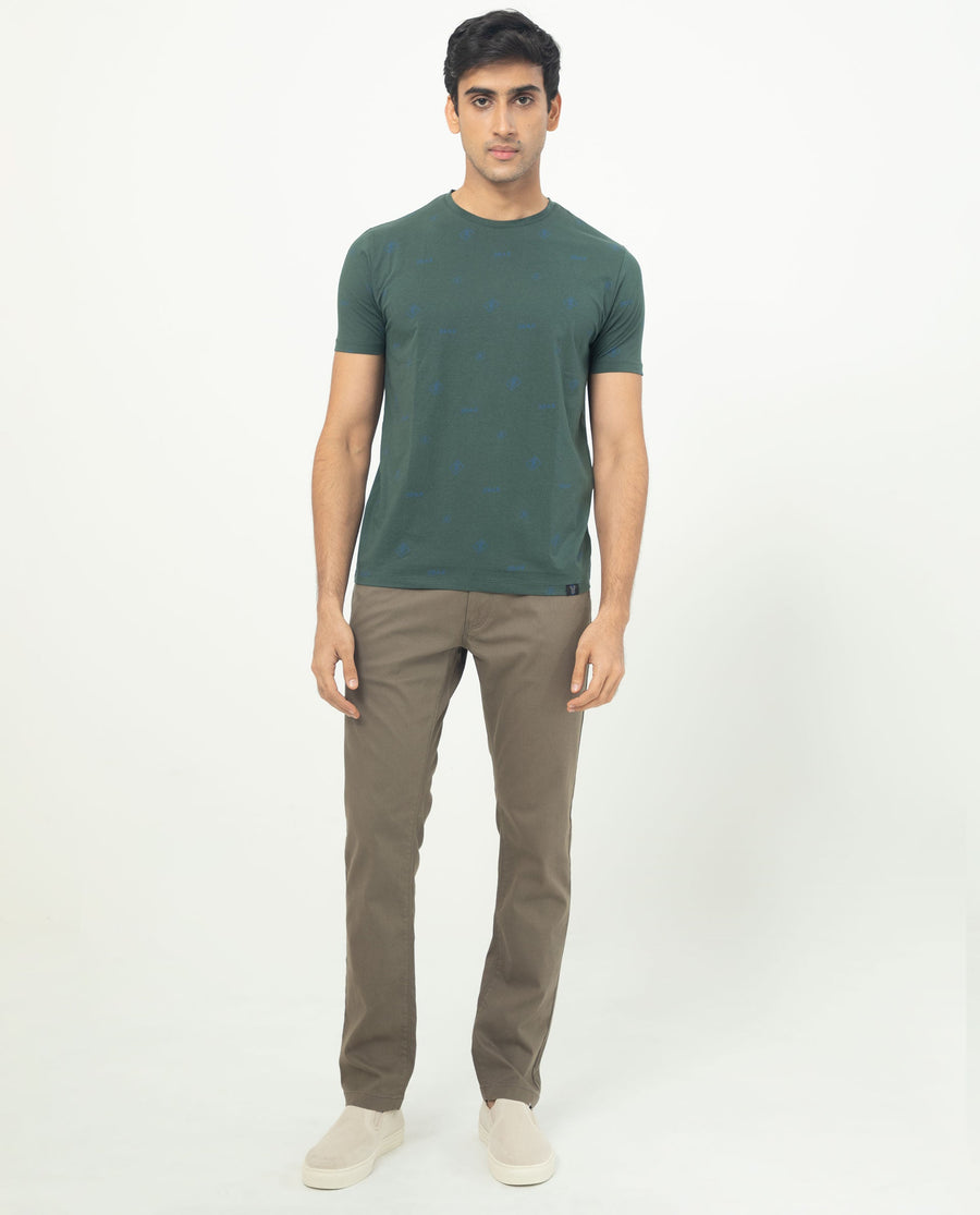 Rare Rabbit Men's Grammy Dark Green Cotton Monogram Print Slim Fit Half Sleeve Crew Neck T-Shirt