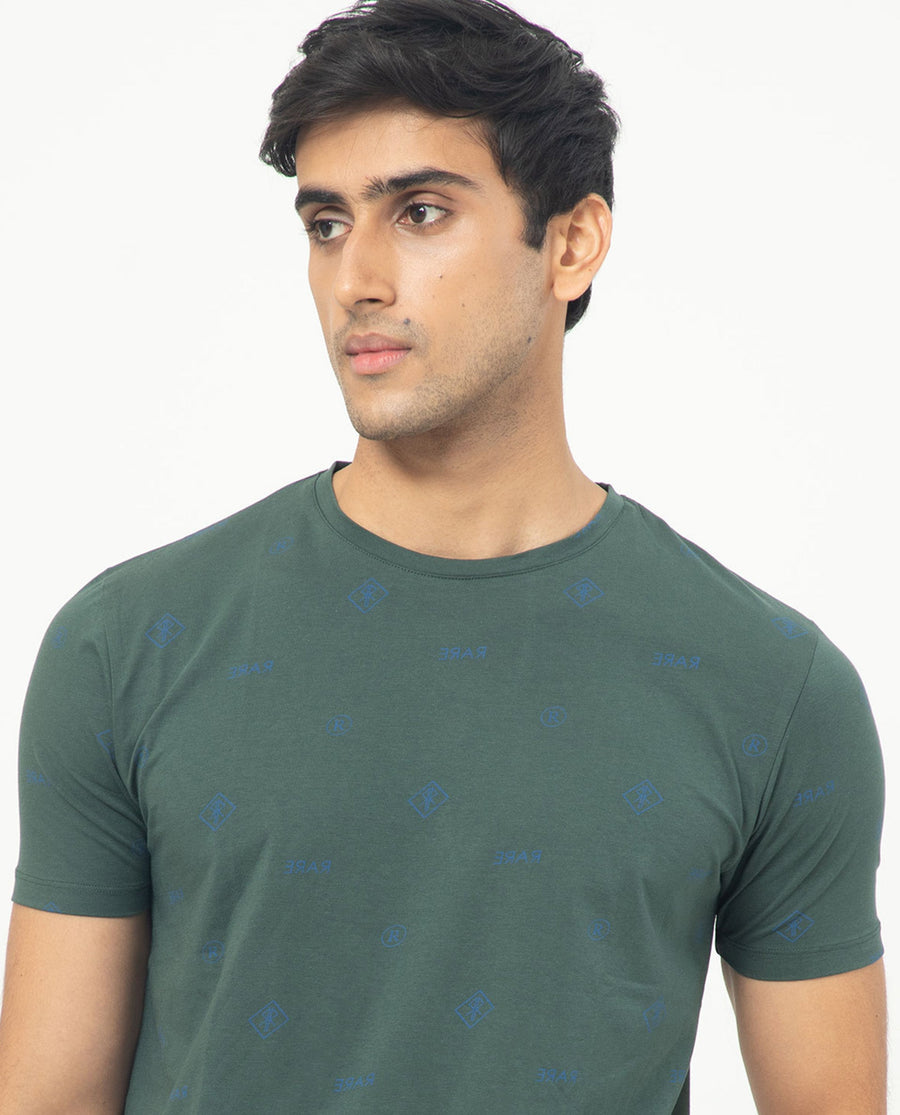 Rare Rabbit Men's Grammy Dark Green Cotton Monogram Print Slim Fit Half Sleeve Crew Neck T-Shirt