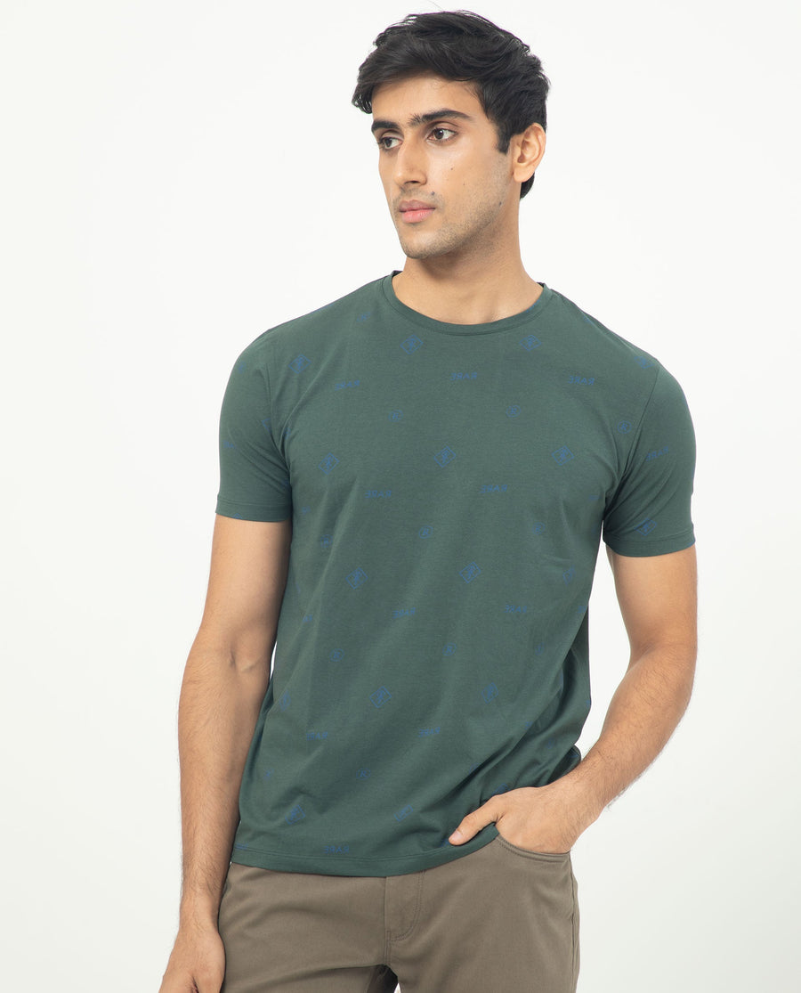 Rare Rabbit Men's Grammy Dark Green Cotton Monogram Print Slim Fit Half Sleeve Crew Neck T-Shirt