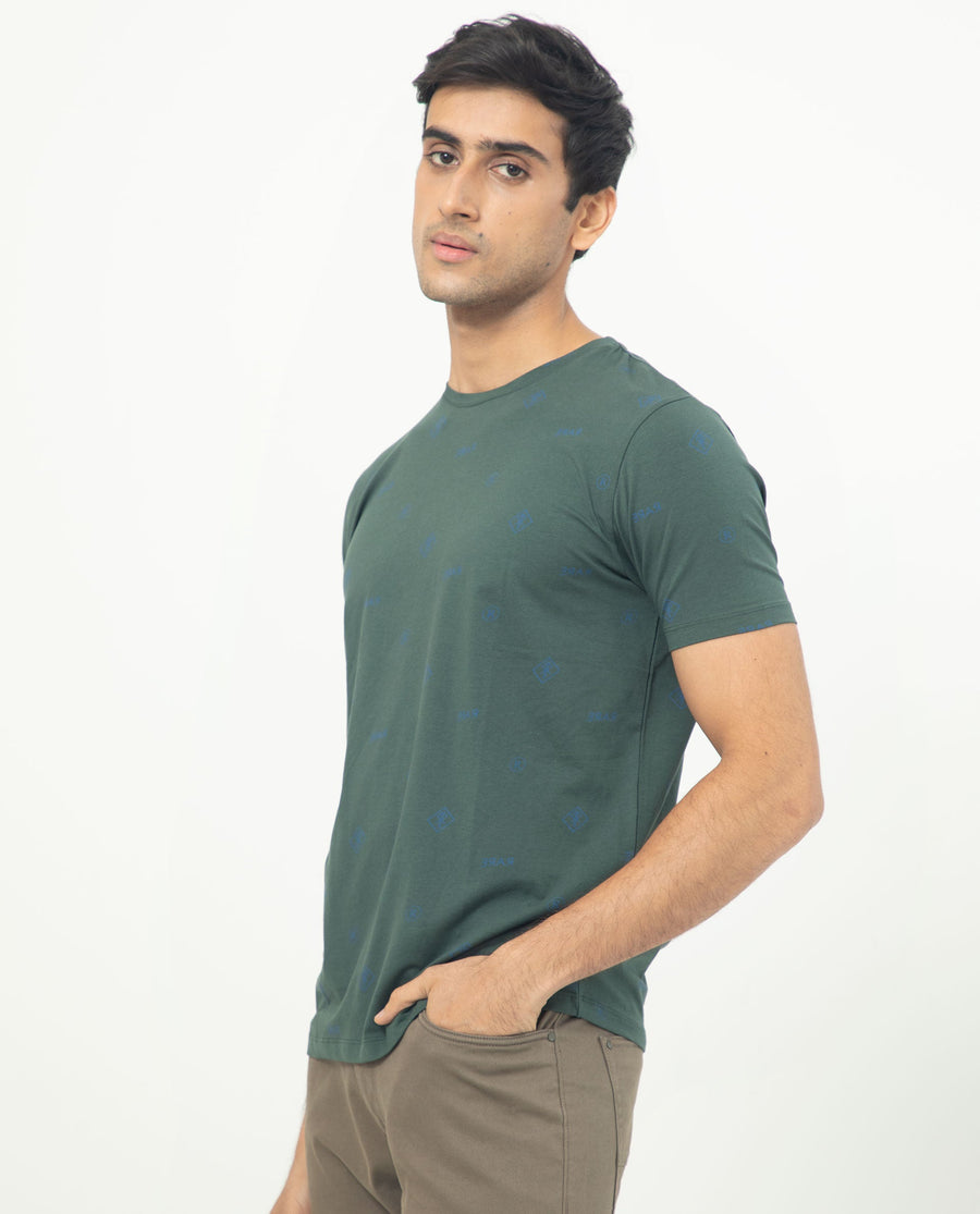 Rare Rabbit Men's Grammy Dark Green Cotton Monogram Print Slim Fit Half Sleeve Crew Neck T-Shirt