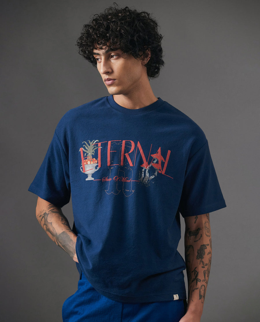 Rare Rabbit Men's Graw Navy Cotton Hd Print Oversized Fit Half Sleeve Crew Neck T-Shirt