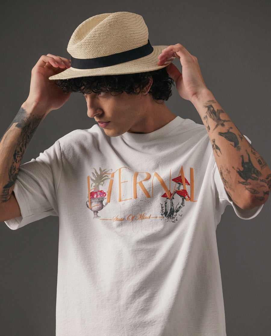 Rare Rabbit Men's Graw White Cotton Hd Print Oversized Fit Half Sleeve Crew Neck T-Shirt