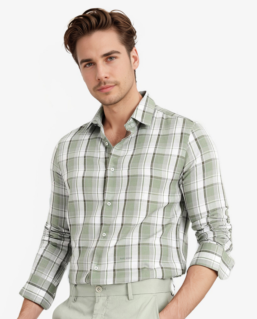 Rare Rabbit Men's Greg Green Cotton Checked Print Regular Fit Full Sleeve Collared Shirt