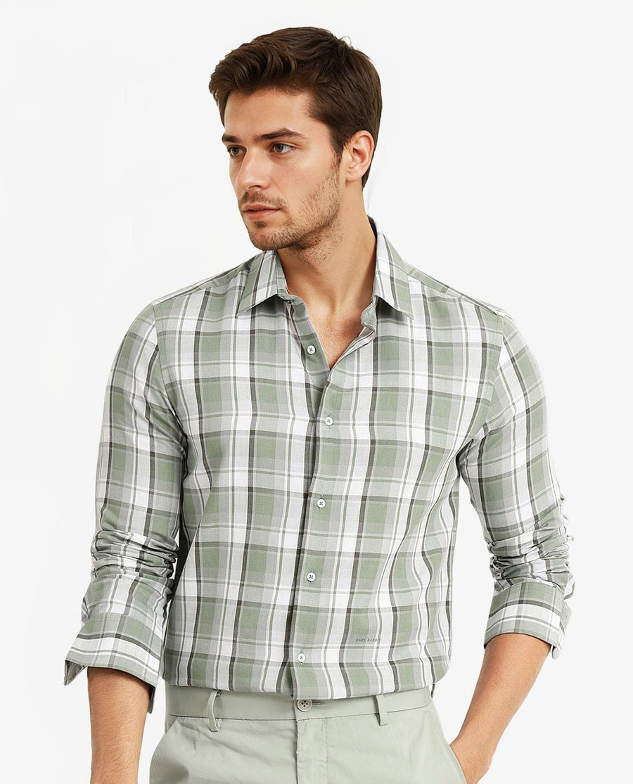 Rare Rabbit Men's Greg Green Cotton Checked Print Regular Fit Full Sleeve Collared Shirt