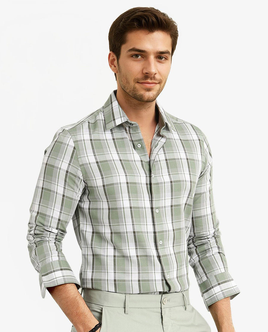 Rare Rabbit Men's Greg Green Cotton Checked Print Regular Fit Full Sleeve Collared Shirt
