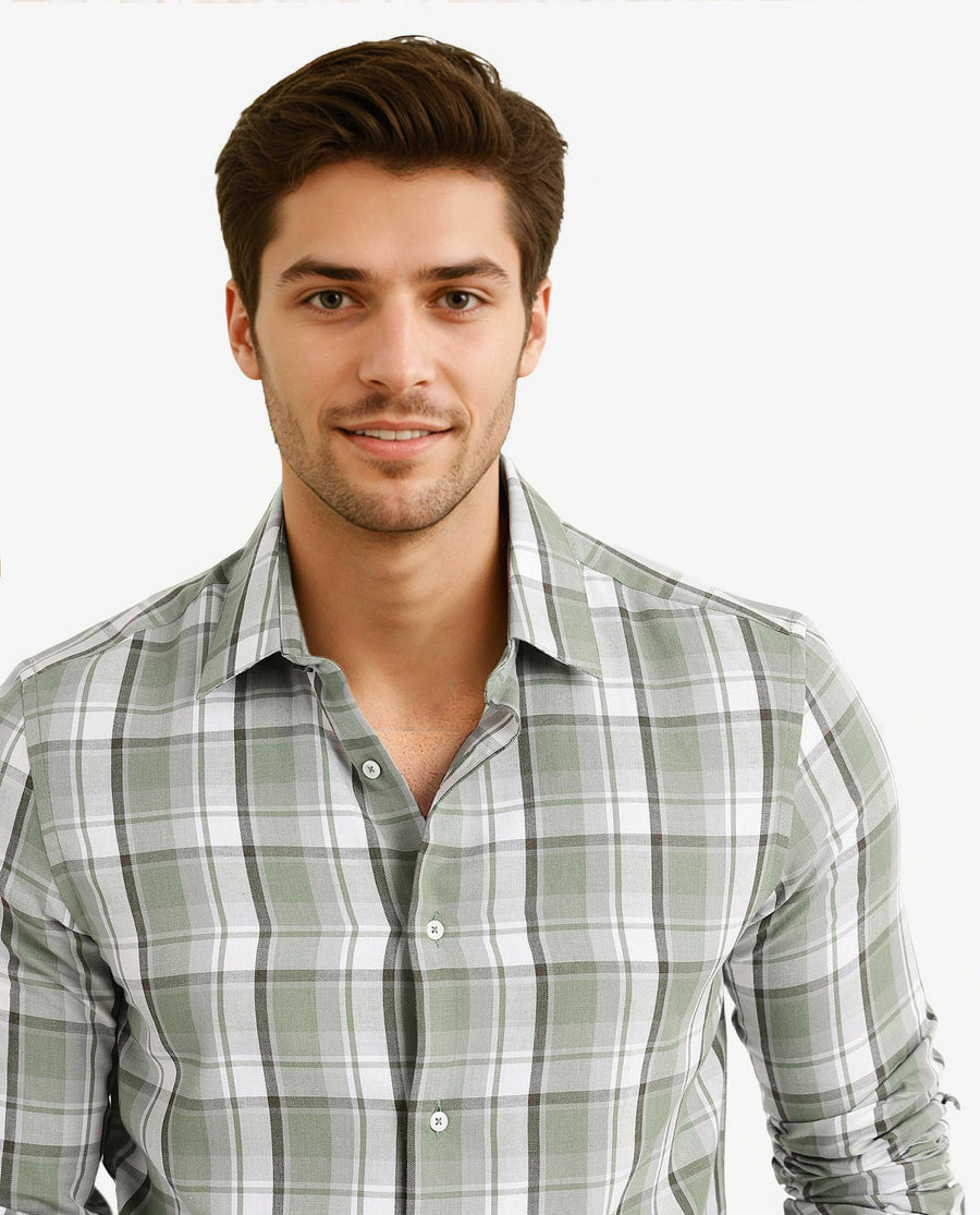 Rare Rabbit Men's Greg Green Cotton Checked Print Regular Fit Full Sleeve Collared Shirt