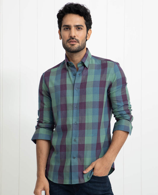 Rare Rabbit Men's Gulf Green Cotton Checked Print Regular Fit Full Sleeve Collared Shirt