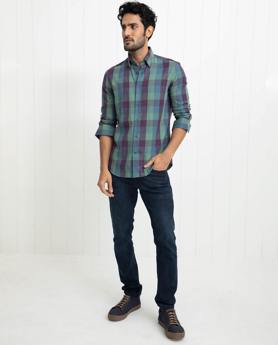 Rare Rabbit Men's Gulf Green Cotton Checked Print Regular Fit Full Sleeve Collared Shirt