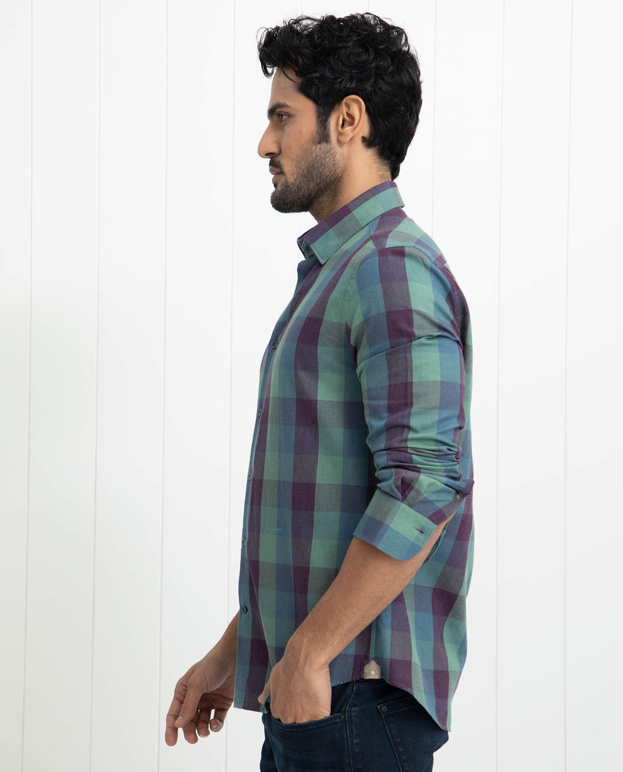 Rare Rabbit Men's Gulf Green Cotton Checked Print Regular Fit Full Sleeve Collared Shirt