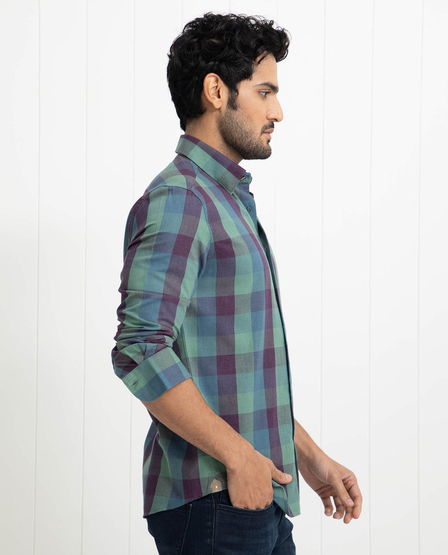 Rare Rabbit Men's Gulf Green Cotton Checked Print Regular Fit Full Sleeve Collared Shirt