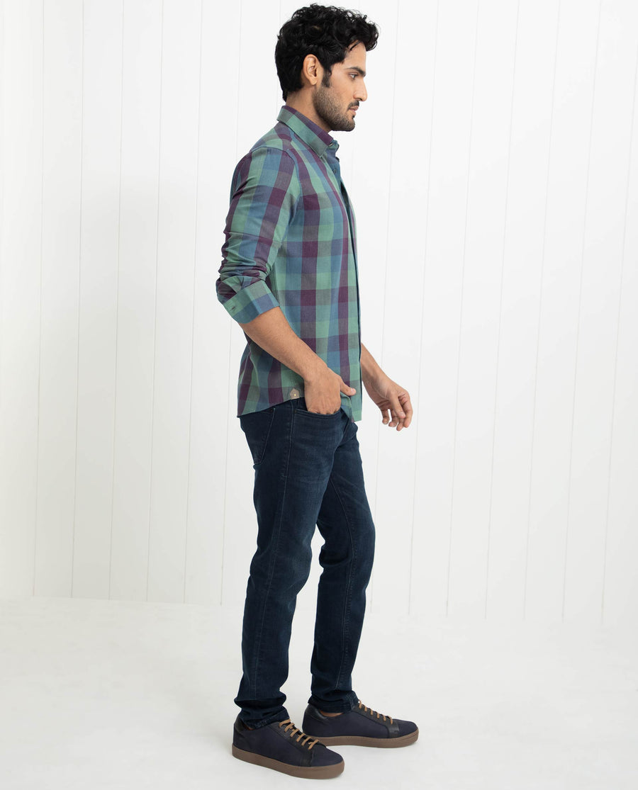 Rare Rabbit Men's Gulf Green Cotton Checked Print Regular Fit Full Sleeve Collared Shirt