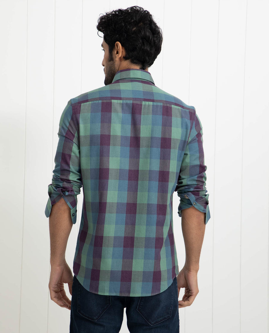 Rare Rabbit Men's Gulf Green Cotton Checked Print Regular Fit Full Sleeve Collared Shirt