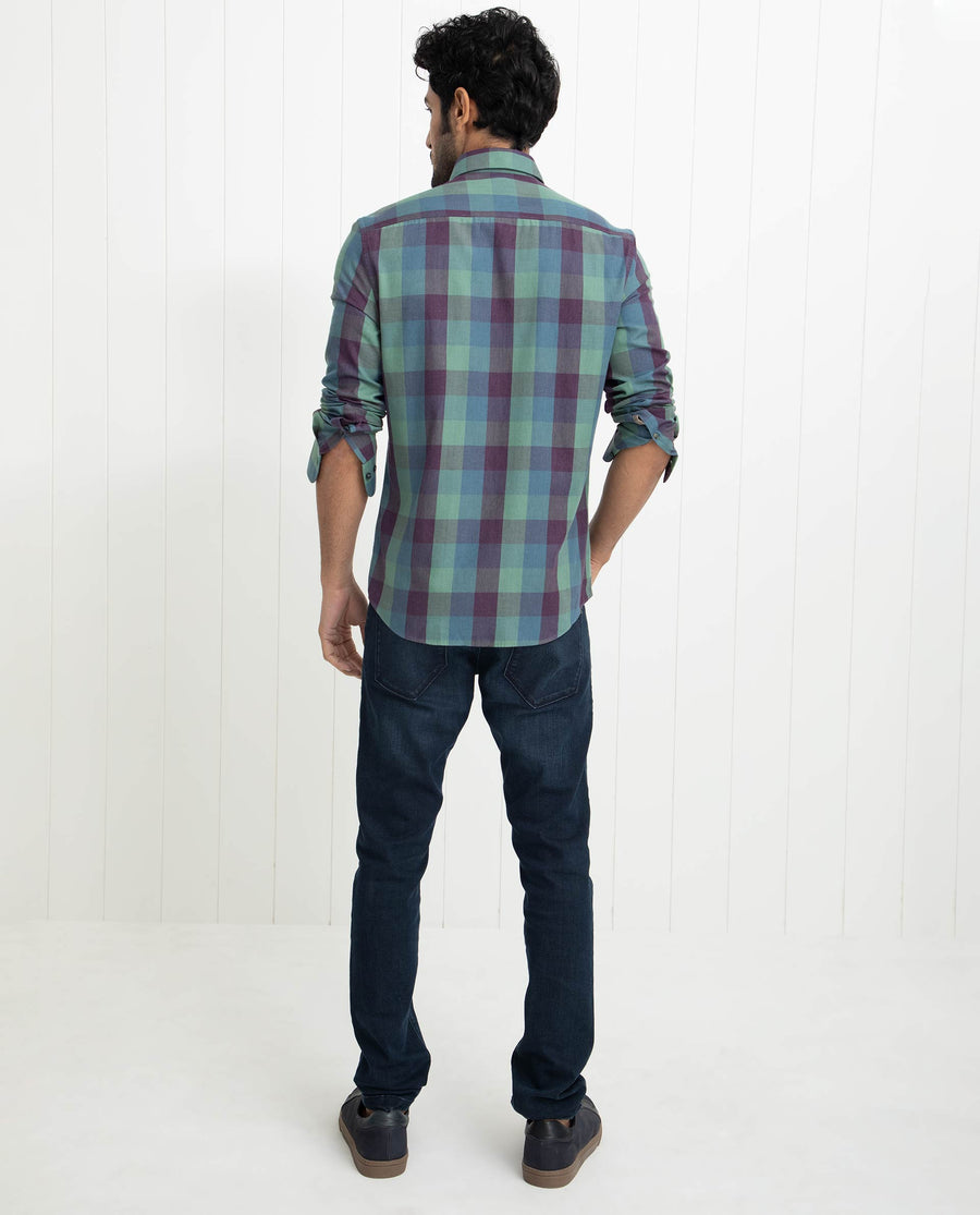Rare Rabbit Men's Gulf Green Cotton Checked Print Regular Fit Full Sleeve Collared Shirt