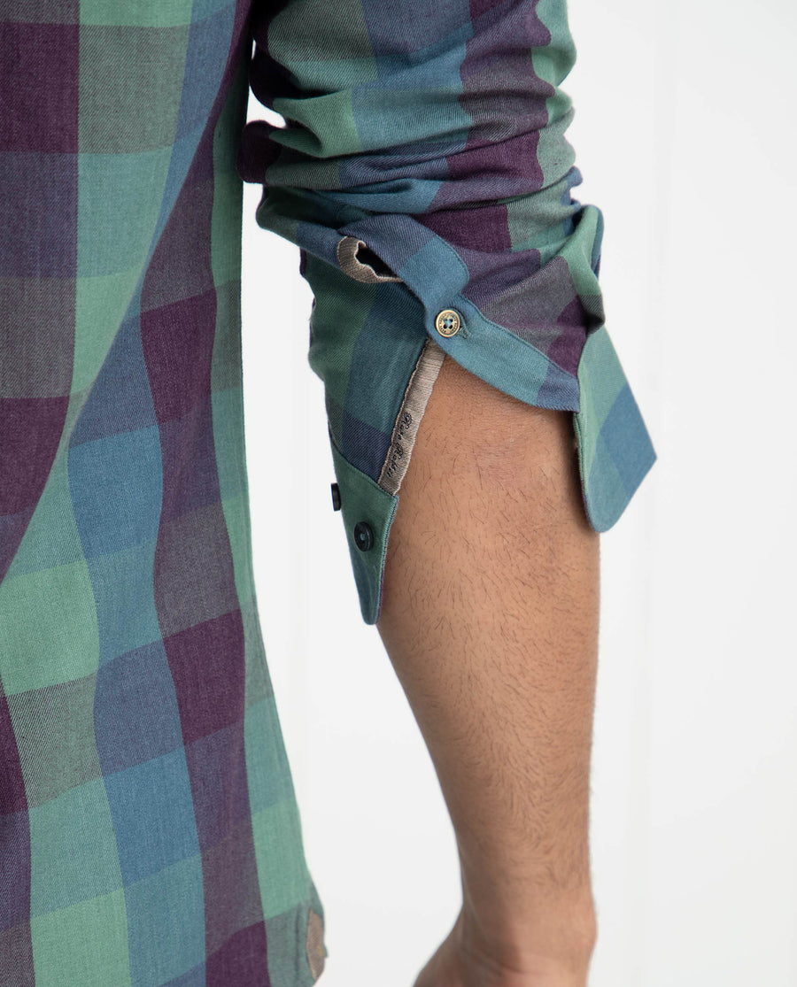 Rare Rabbit Men's Gulf Green Cotton Checked Print Regular Fit Full Sleeve Collared Shirt