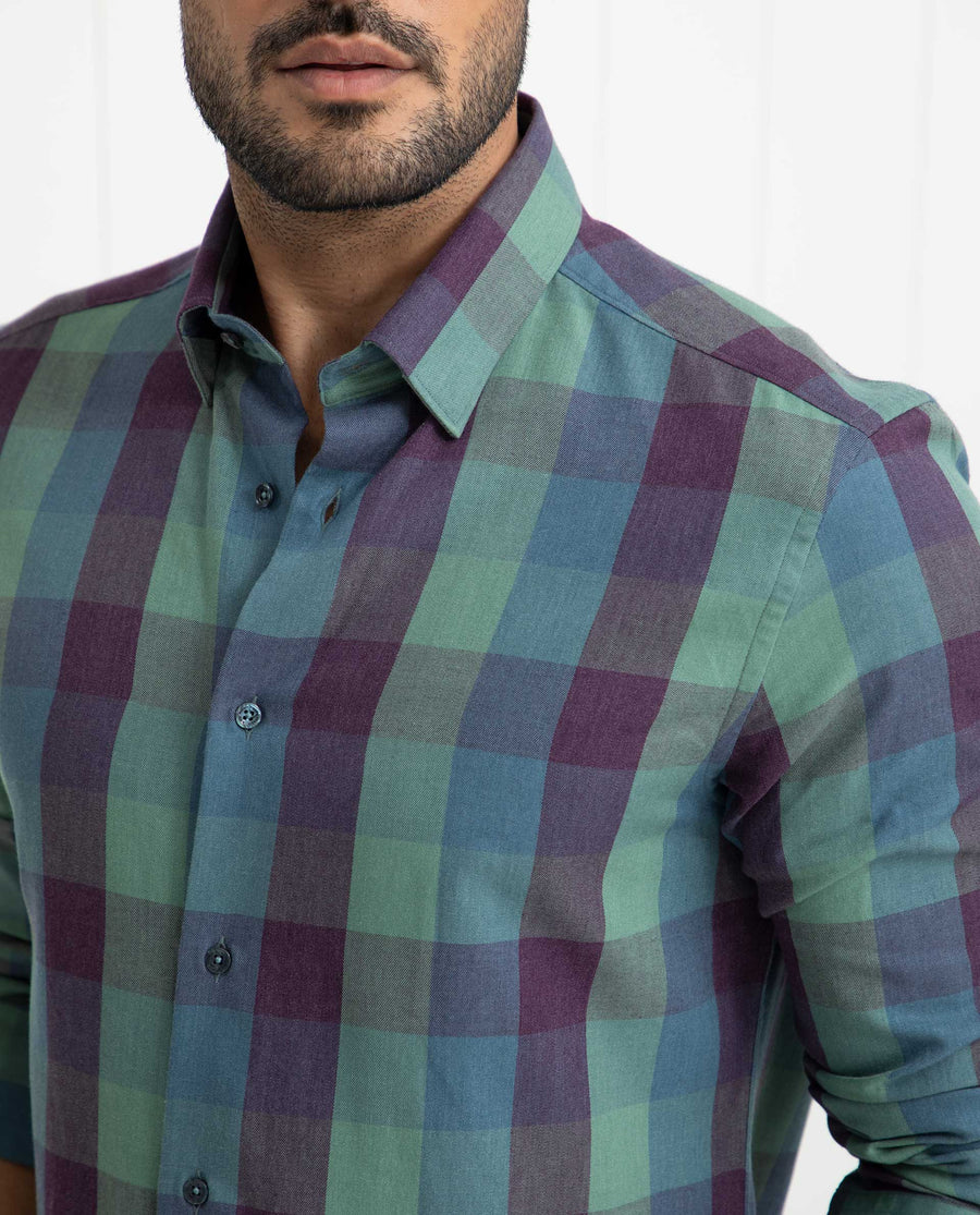 Rare Rabbit Men's Gulf Green Cotton Checked Print Regular Fit Full Sleeve Collared Shirt
