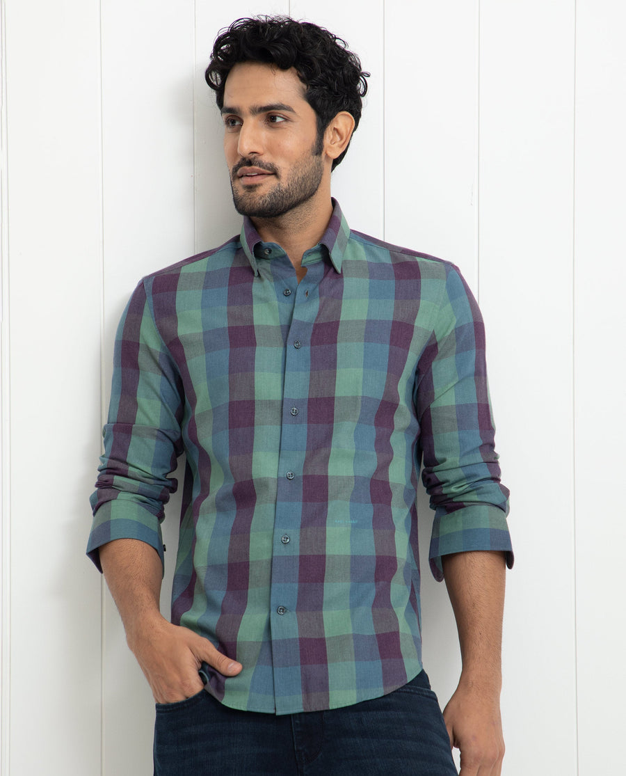Rare Rabbit Men's Gulf Green Cotton Checked Print Regular Fit Full Sleeve Collared Shirt