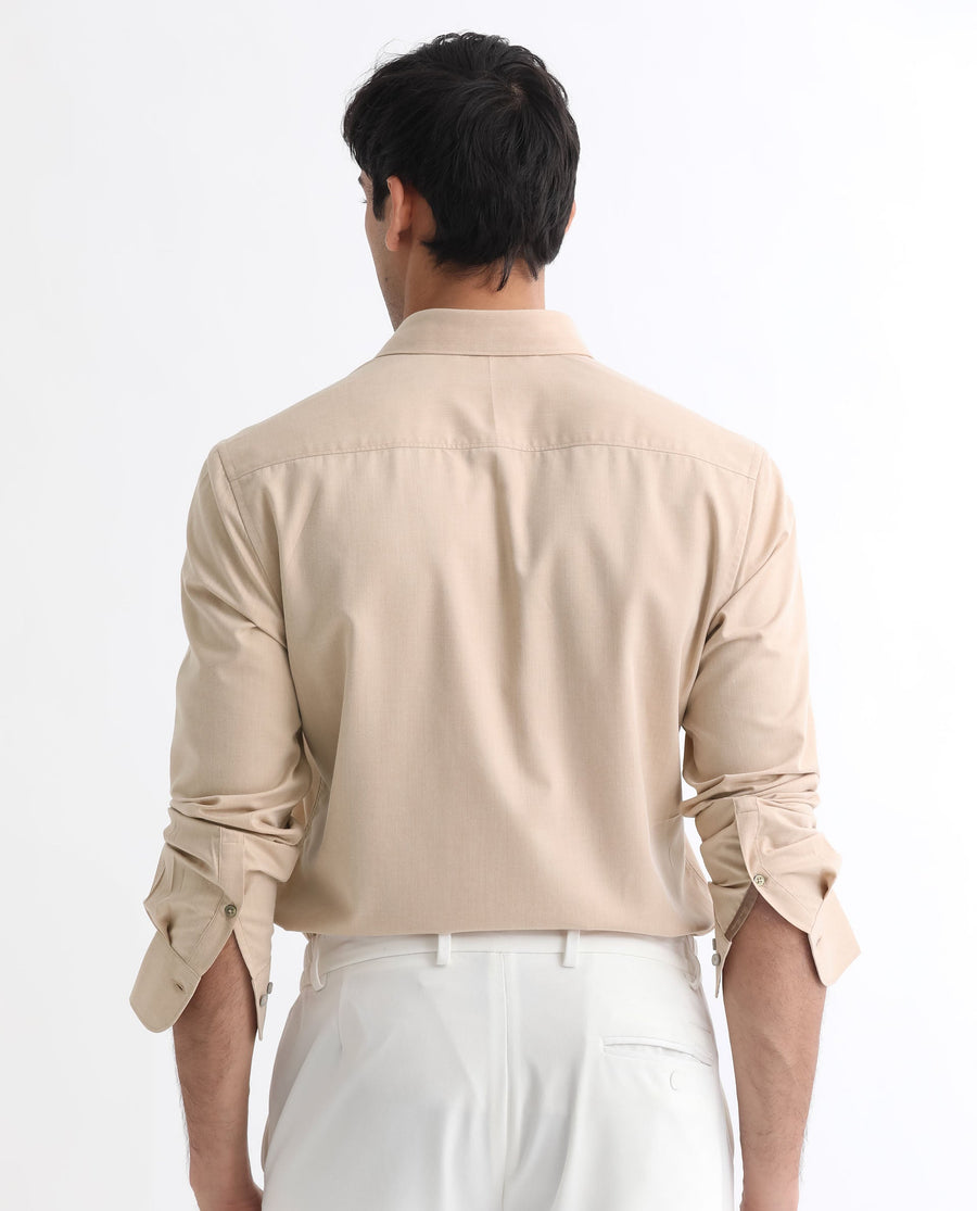 Rare Rabbit Men's Gunjan Beige Cotton Plain Regular Fit Full Sleeve Collared Shirt