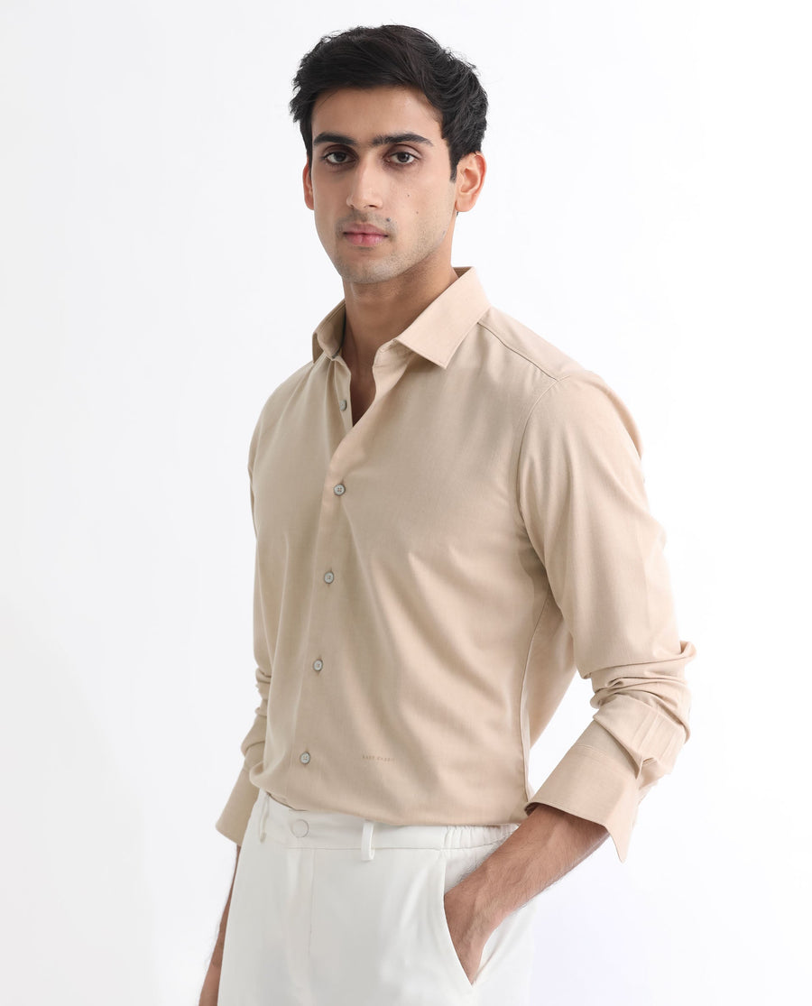 Rare Rabbit Men's Gunjan Beige Cotton Plain Regular Fit Full Sleeve Collared Shirt