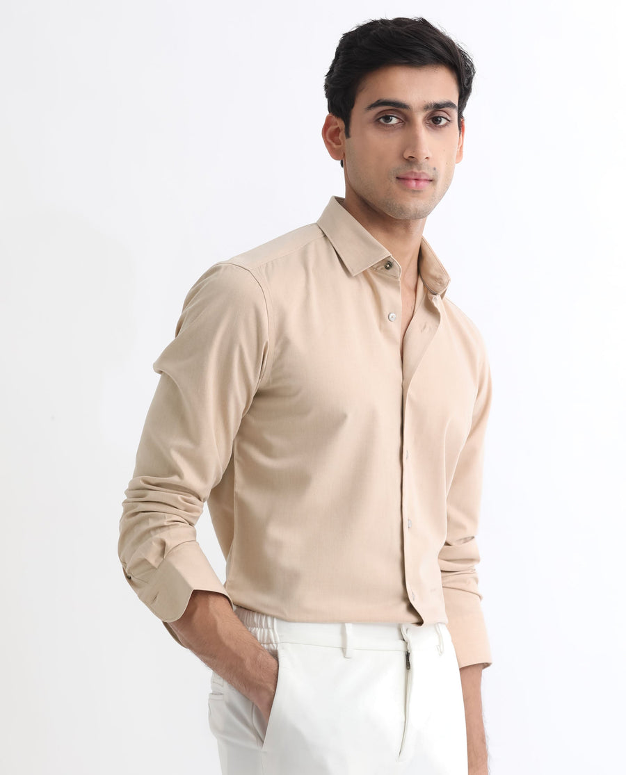Rare Rabbit Men's Gunjan Beige Cotton Plain Regular Fit Full Sleeve Collared Shirt