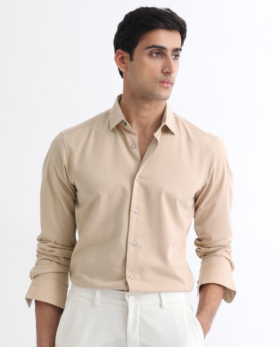Rare Rabbit Men's Gunjan Beige Cotton Plain Regular Fit Full Sleeve Collared Shirt