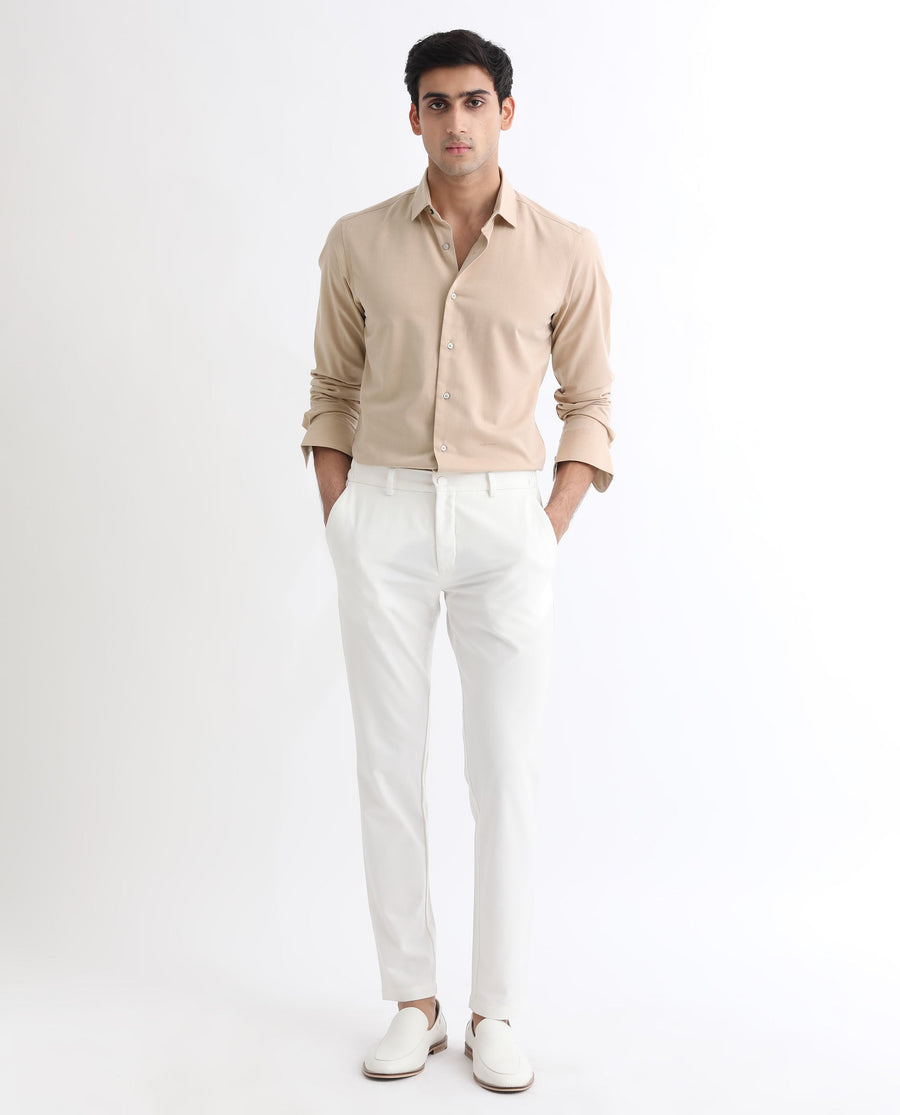 Rare Rabbit Men's Gunjan Beige Cotton Plain Regular Fit Full Sleeve Collared Shirt