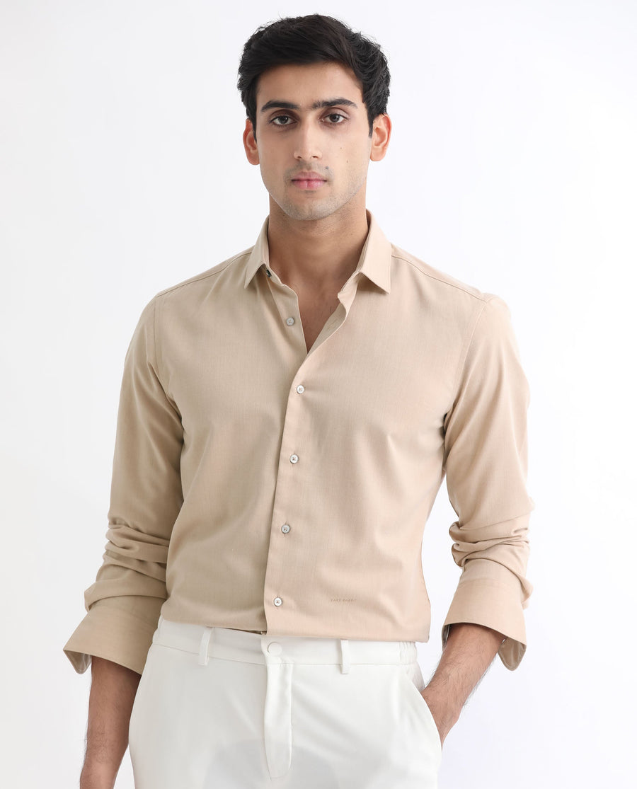 Rare Rabbit Men's Gunjan Beige Cotton Plain Regular Fit Full Sleeve Collared Shirt