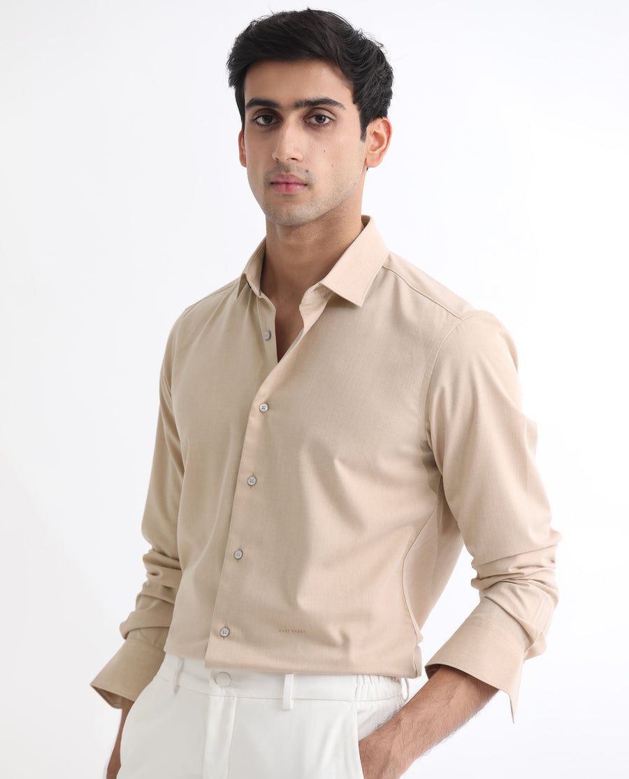 Rare Rabbit Men's Gunjan Beige Cotton Plain Regular Fit Full Sleeve Collared Shirt