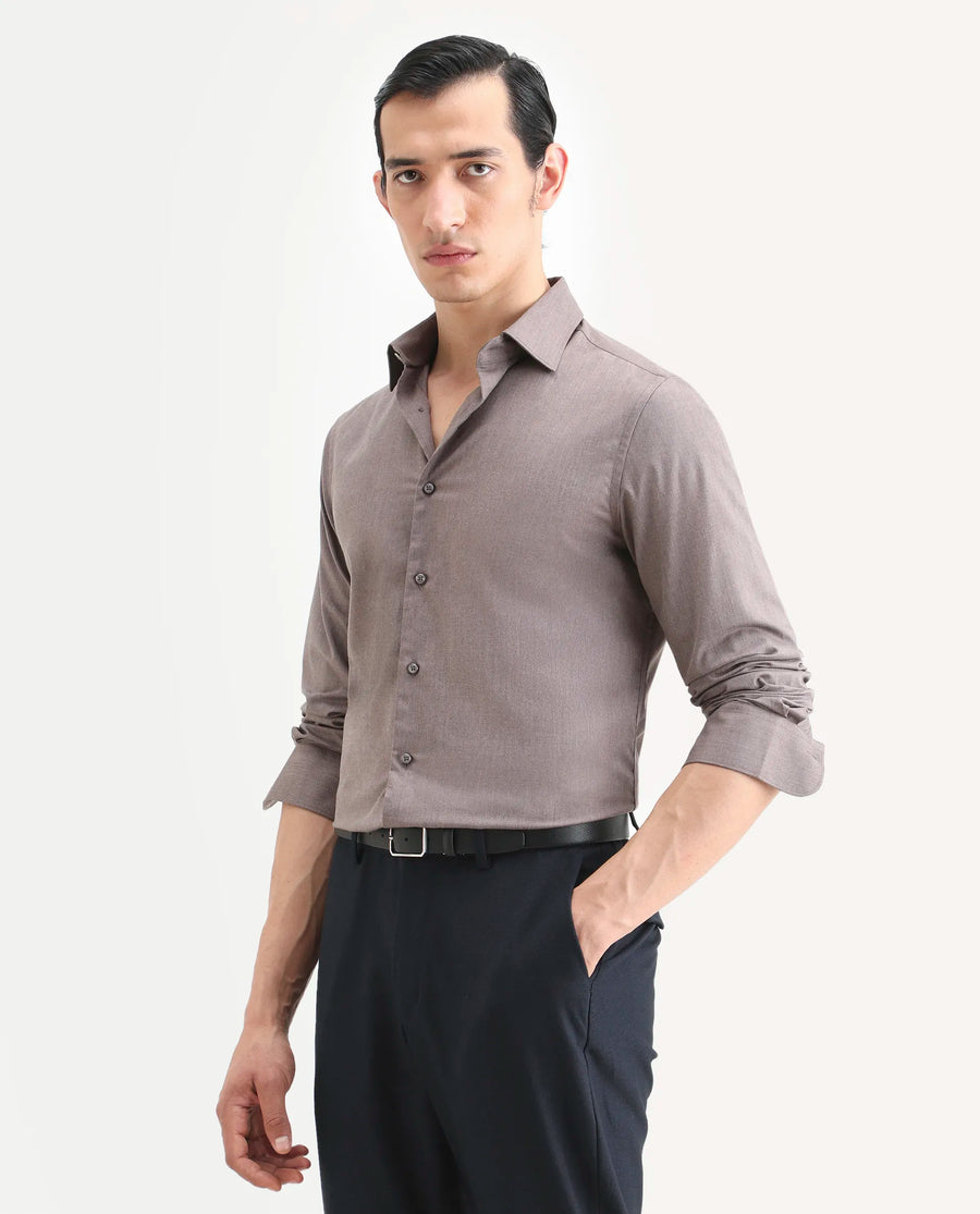 Rare Rabbit Men's Gunjo 25 Dusky Brown Polyester Blend Plain Regular Fit Full Sleeve Collared Shirt