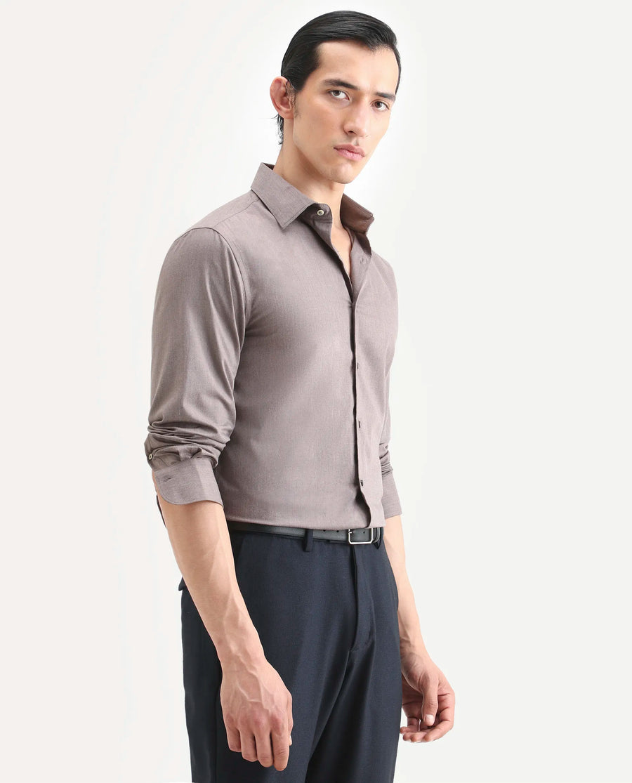 Rare Rabbit Men's Gunjo 25 Dusky Brown Polyester Blend Plain Regular Fit Full Sleeve Collared Shirt