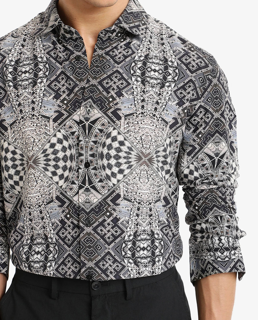 Rare Rabbit Men's Guret Black Viscose Decorative Print Regular Fit Full Sleeve Collared Shirt