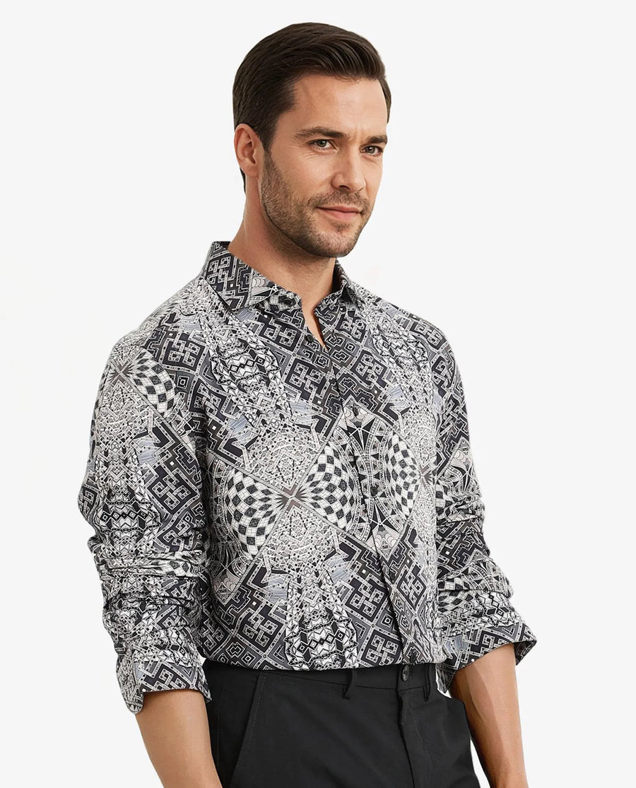 Rare Rabbit Men's Guret Black Viscose Decorative Print Regular Fit Full Sleeve Collared Shirt