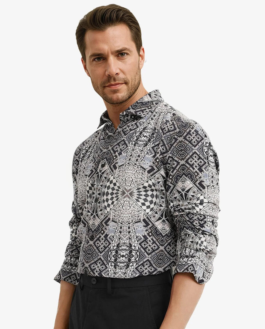 Rare Rabbit Men's Guret Black Viscose Decorative Print Regular Fit Full Sleeve Collared Shirt