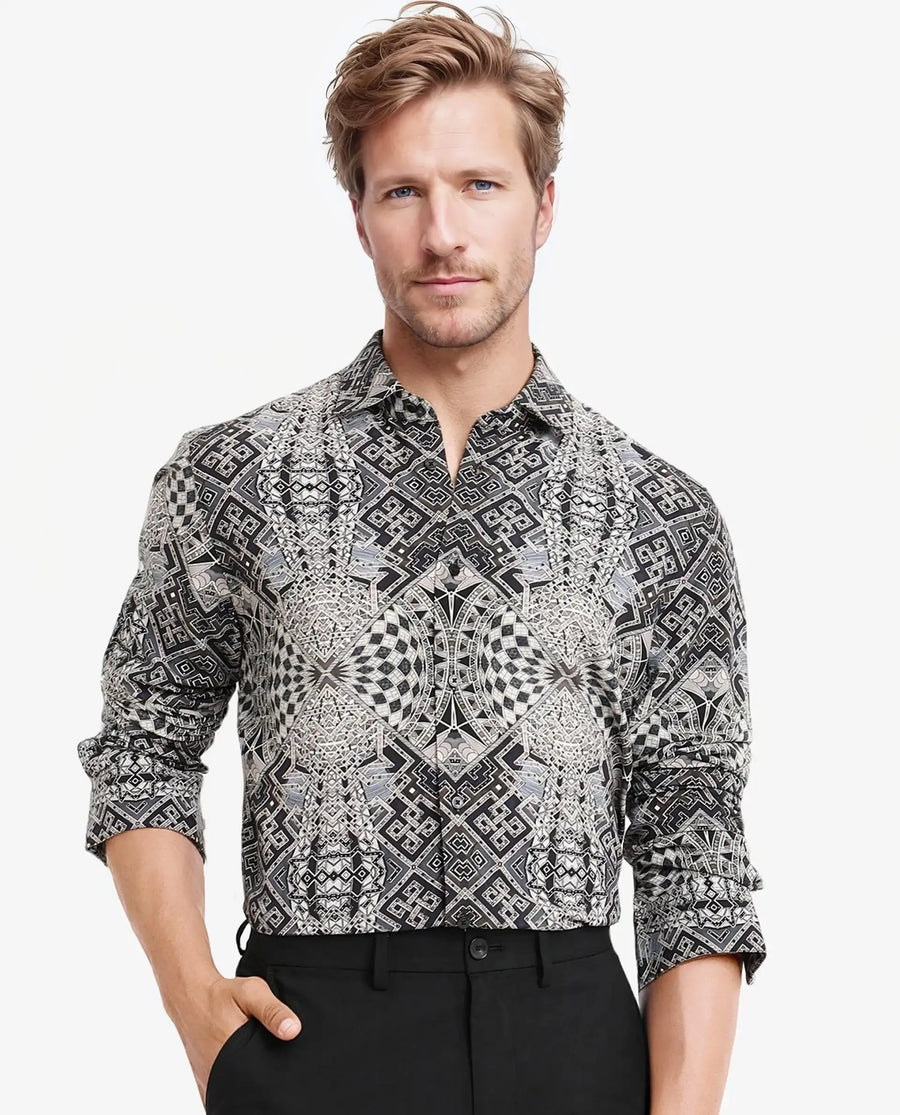 Rare Rabbit Men's Guret Black Viscose Decorative Print Regular Fit Full Sleeve Collared Shirt
