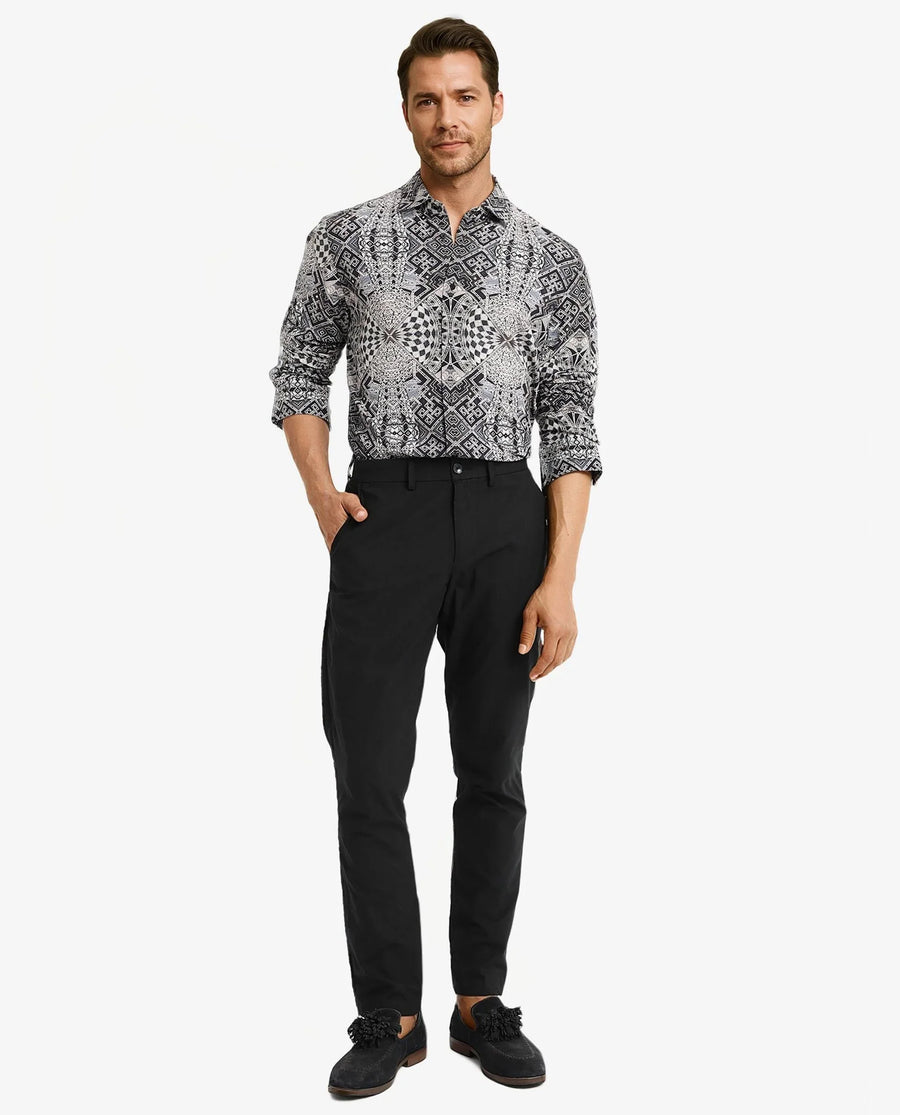Rare Rabbit Men's Guret Black Viscose Decorative Print Regular Fit Full Sleeve Collared Shirt