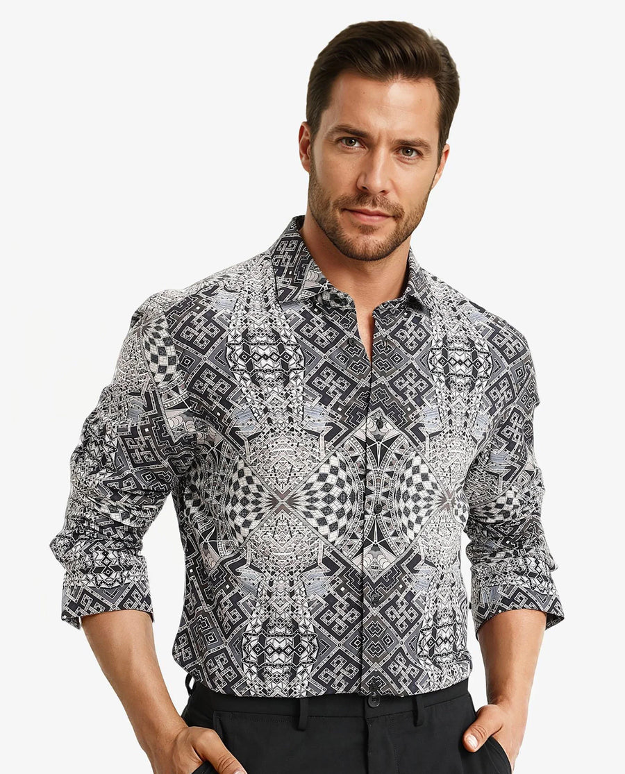 Rare Rabbit Men's Guret Black Viscose Decorative Print Regular Fit Full Sleeve Collared Shirt