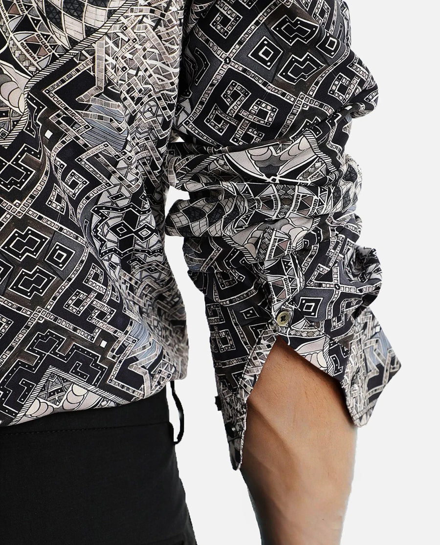 Rare Rabbit Men's Guret Black Viscose Decorative Print Regular Fit Full Sleeve Collared Shirt