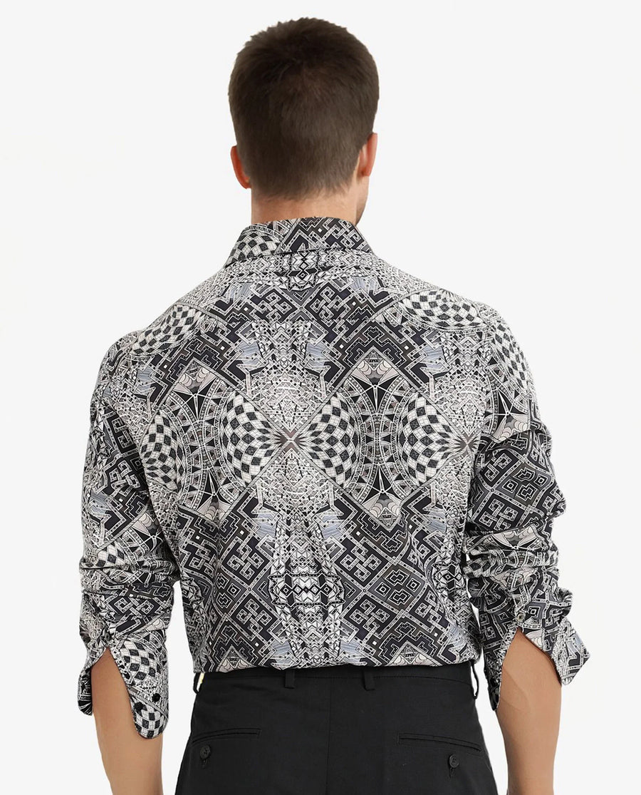 Rare Rabbit Men's Guret Black Viscose Decorative Print Regular Fit Full Sleeve Collared Shirt