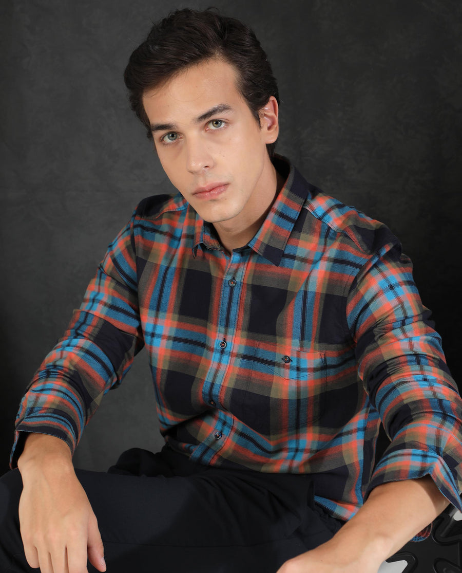 Rare Rabbit Men's Daneil Navy Cotton Checked Print Regular Fit Full Sleeve Collared Shirt