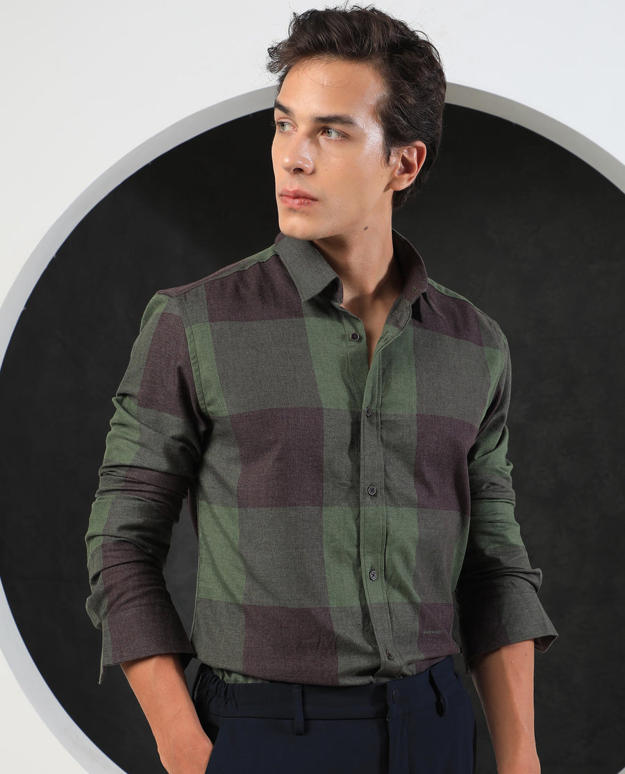 Rare Rabbit Men's Beaver Olive Cotton Checked Print Regular Fit Full Sleeve Collared Shirt