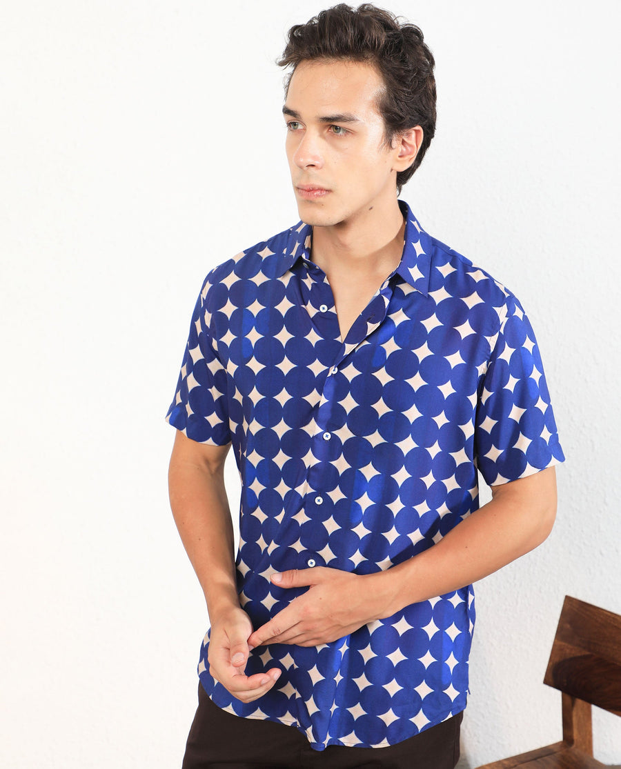 Rare Rabbit Men's Clinton Blue Viscose Geometric Print Regular Fit Half Sleeve Collared Shirt